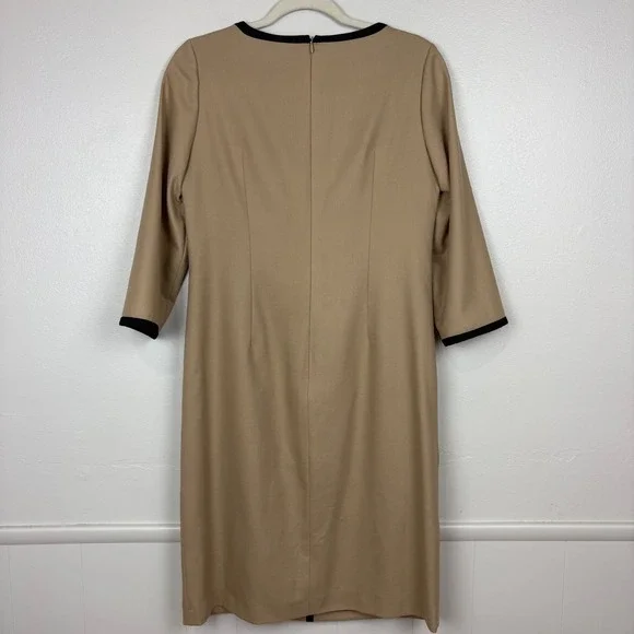 Boden Tan Wool Dress Black Tipped Size 6L Camel Striping Midi Classic Old Money - Picture 13 of 17